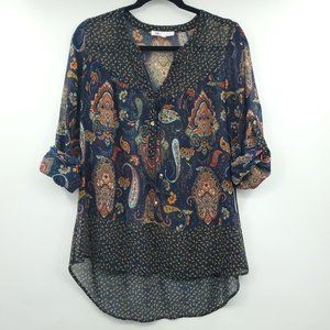 DR2 Vivid Tassel V Neck Paisley Long Sleeve Blouse